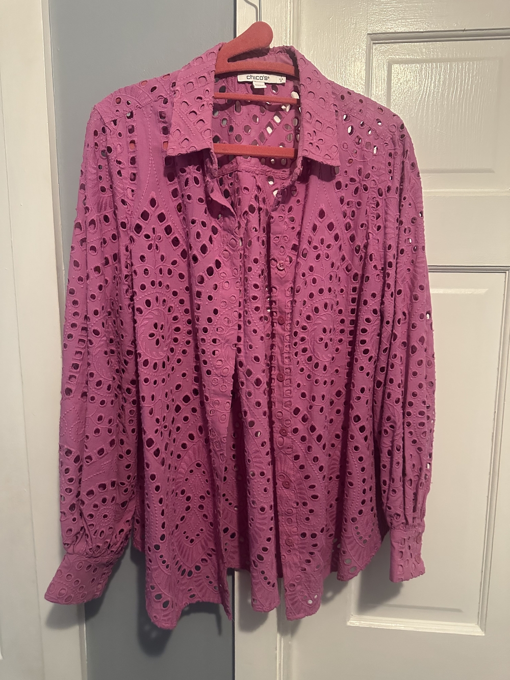 Chico's Eyelet Button-Up Blouse in Bright Pink